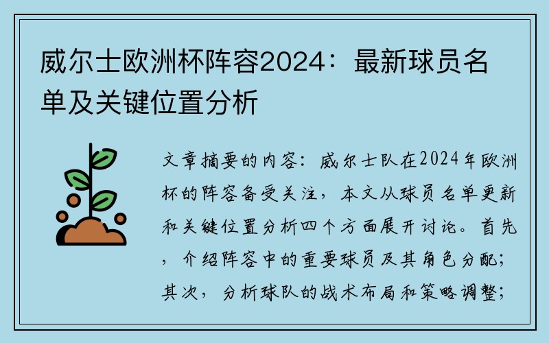 威尔士欧洲杯阵容2024：最新球员名单及关键位置分析